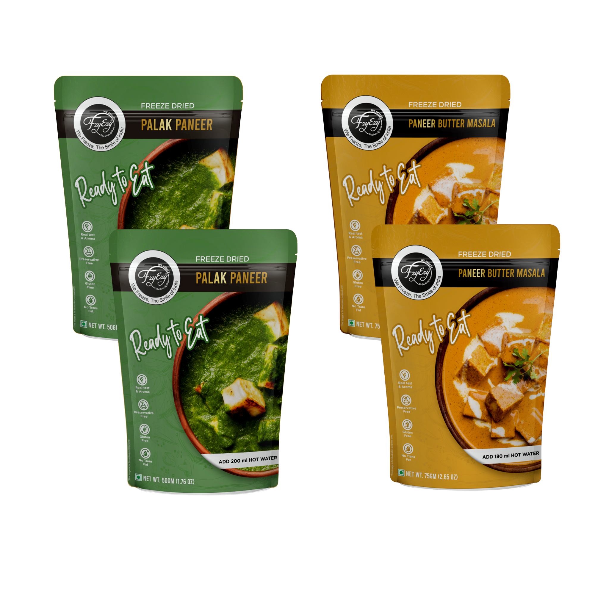 FzyEzy Ready-to-Eat Palak Paneer & Paneer Butter Masala Combo – 4 Meals Pack